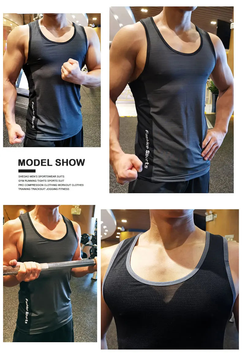 Men's lightweight sleeveless gym shirt showcased on a model, perfect for workouts and summer training.