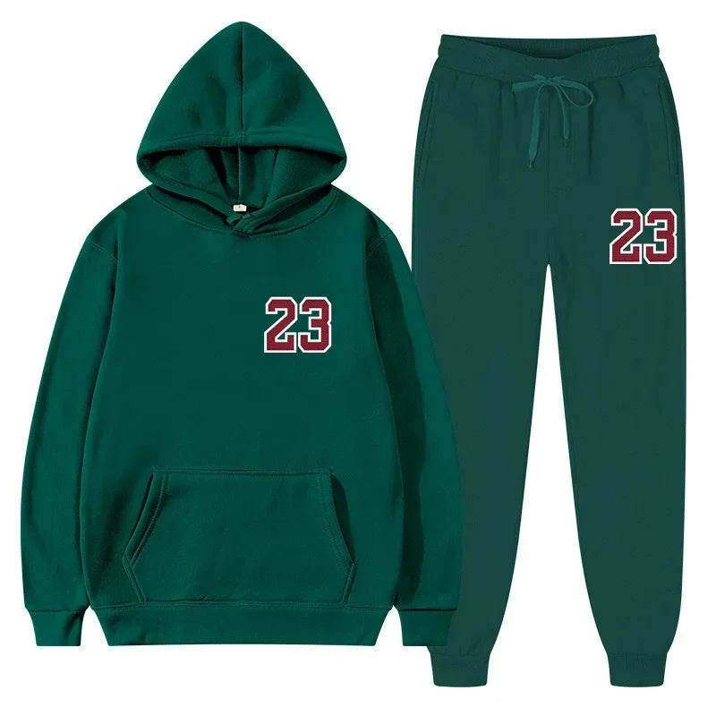 Hoodies & sweatpants sports set in green featuring number 23, perfect for workouts or lounging.