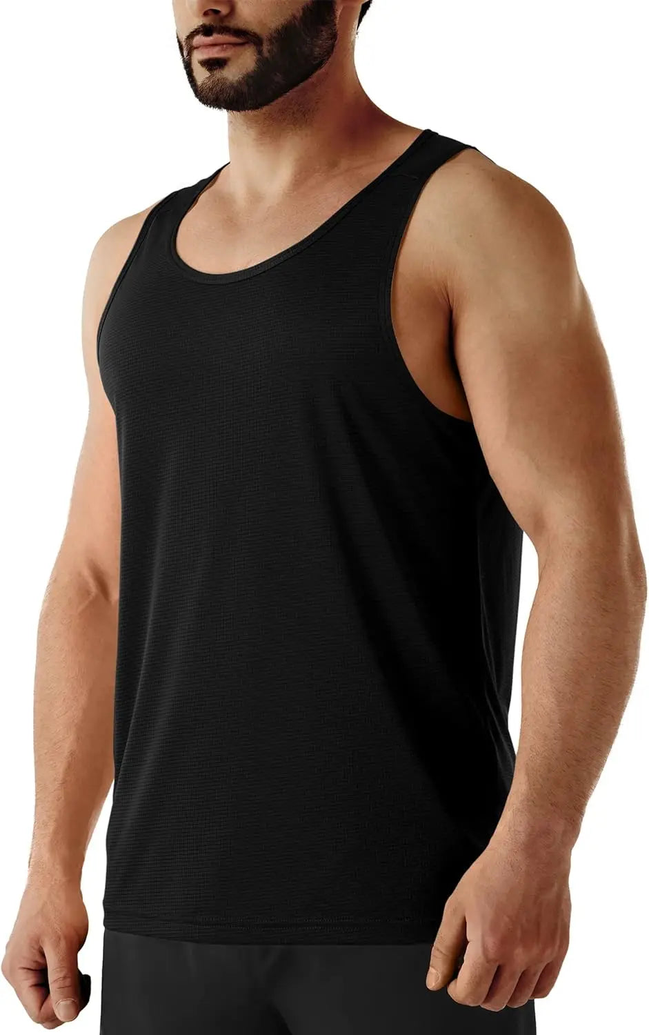 Men's black sleeveless workout tank top, ideal for fitness activities and comfortable exercise.