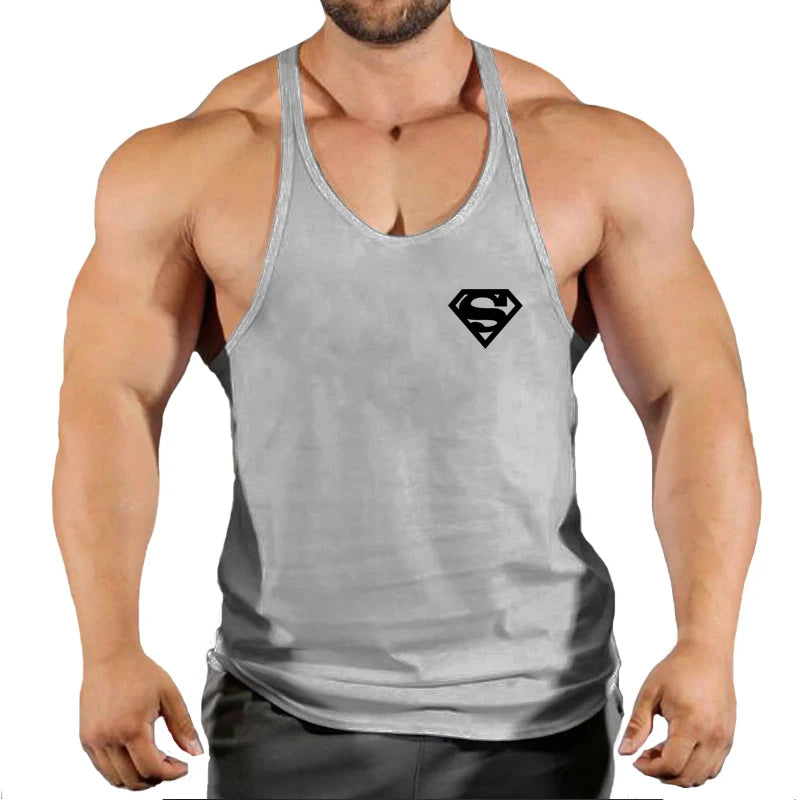 Men's sleeveless gym tank top in gray with a black Superman logo, perfect for summer workouts and outdoor activities.