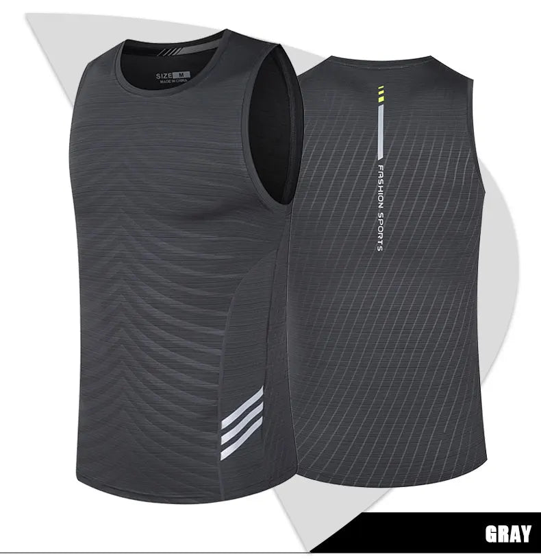 Men's Ice Silk Running Tank Top in gray, lightweight gym vest with breathable design for workouts and summer runs.