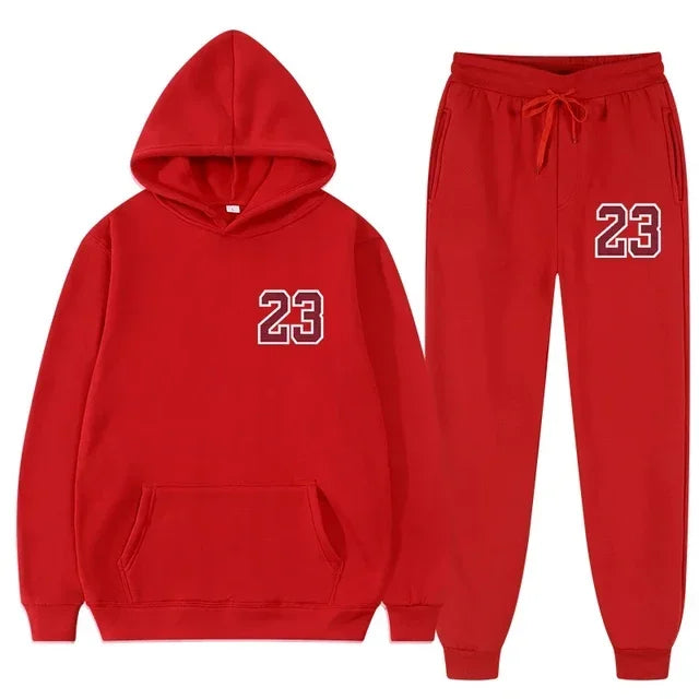 Red hooded sweatshirt and matching sweatpants sports set with number 23, perfect for workouts and casual wear.
