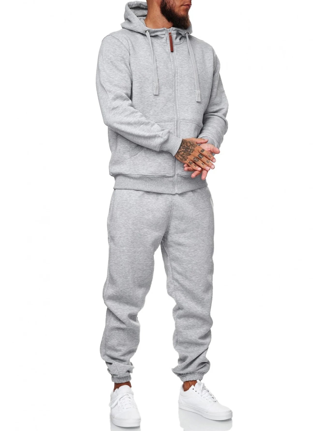 Men’s 2-piece tracksuit set in grey with zip-up hoodie and jogger pants, perfect for gym and casual wear.
