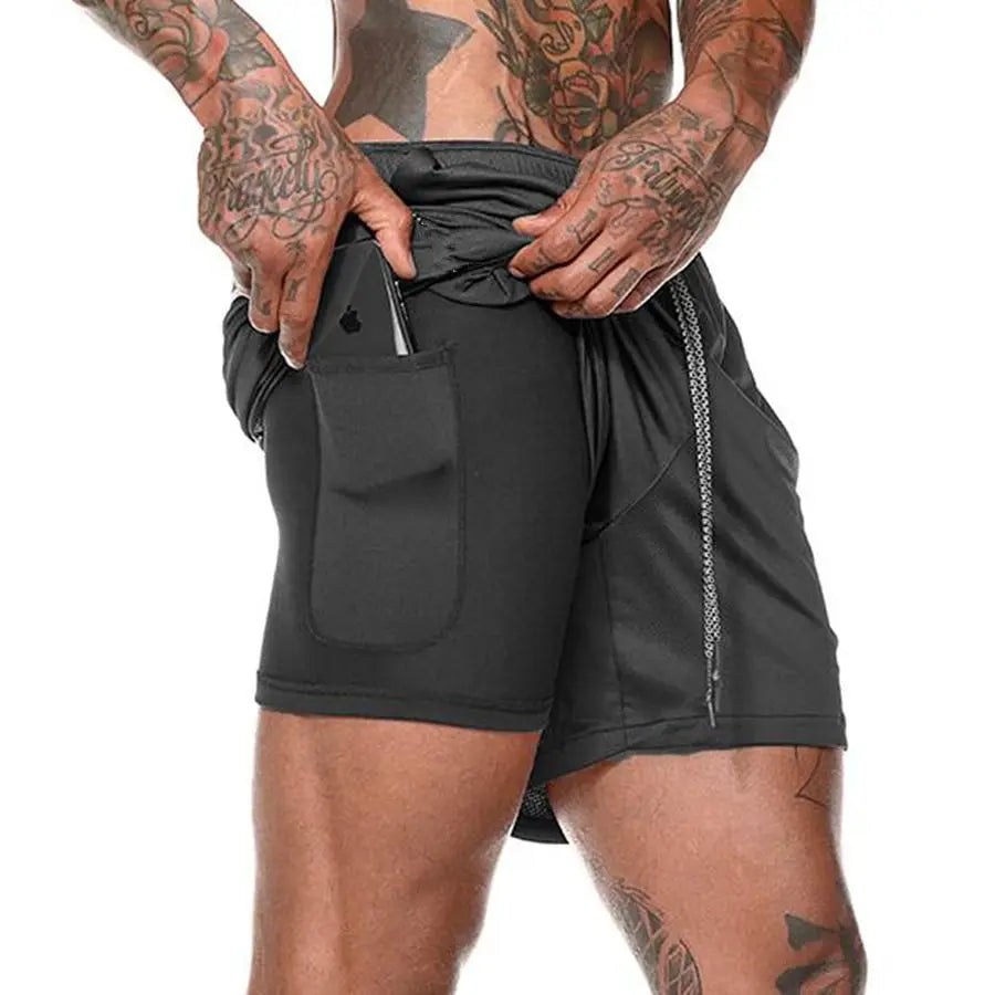Close-up of men's double-decker running shorts with side pocket, showcasing comfort and functionality for athletic workouts.