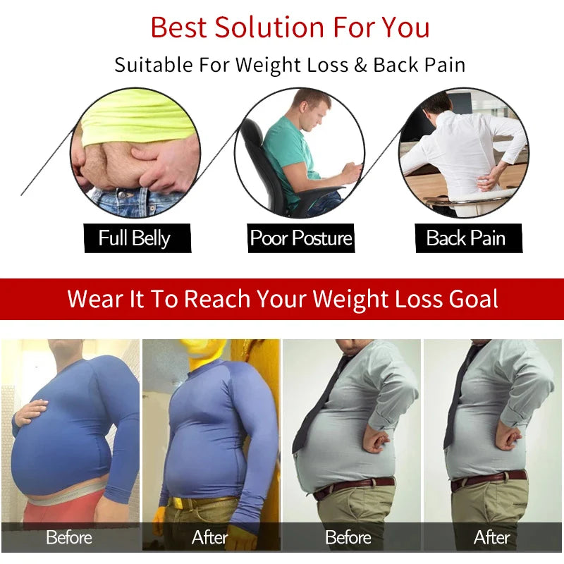 Before and after images showcasing Men's Slimming Body Shaper Compression Shirt for weight loss and improved posture.