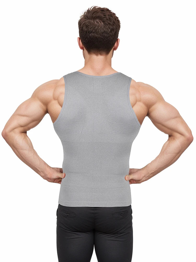 Back view of a muscular man wearing a gray men's compression tank top, showcasing a slim and defined physique.