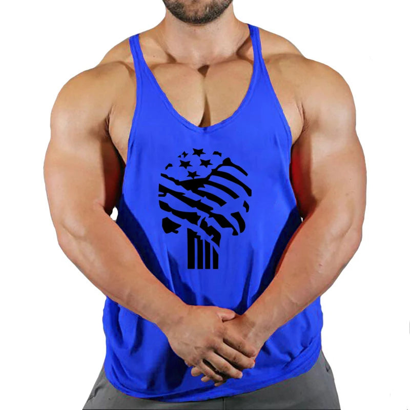 Men's bodybuilding tank top in blue with an American flag graphic, perfect for workouts and casual wear.