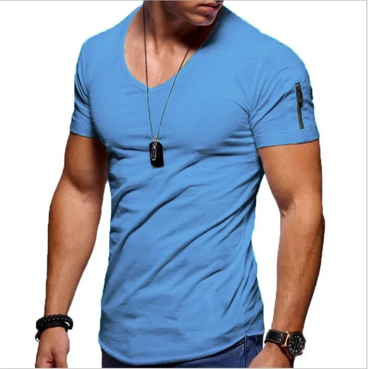 Men's blue short sleeve V-neck t-shirt with zipper detail, perfect for casual wear and athletic activities.