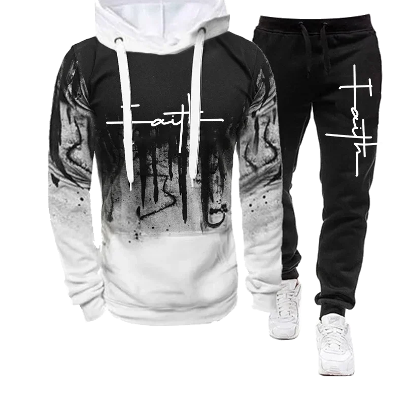 Men's Autumn tracksuit featuring a 'Faith' print hoodie and jogger pants in black and white, showcasing contemporary style.