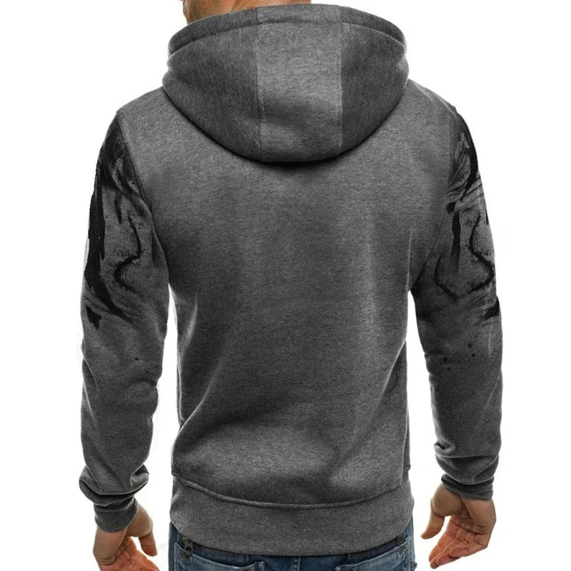 Back view of men's grey hoodie with vibrant black design on sleeves, perfect for casual autumn wear.