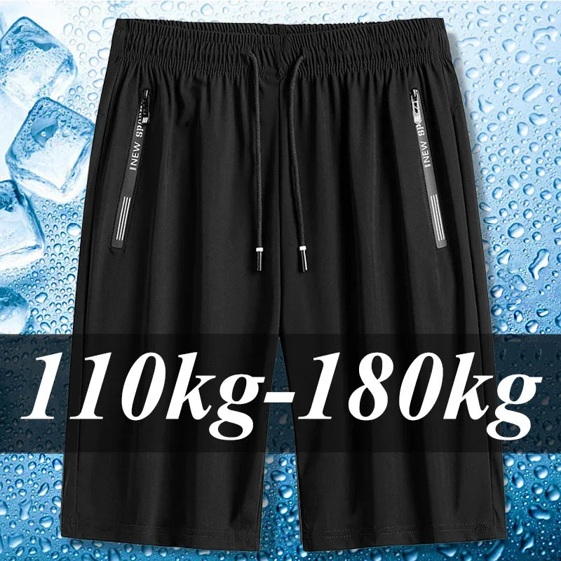 Men's Plus Size Ice Silk Stretch Gym Shorts for sizes 110kg-180kg, lightweight and breathable design for comfort.