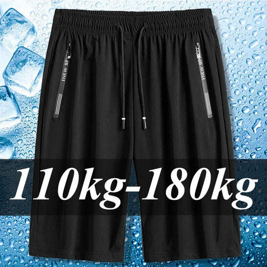 Men's Plus Size Ice Silk Stretch Gym Shorts for sizes 110kg-180kg, lightweight and breathable design for comfort.