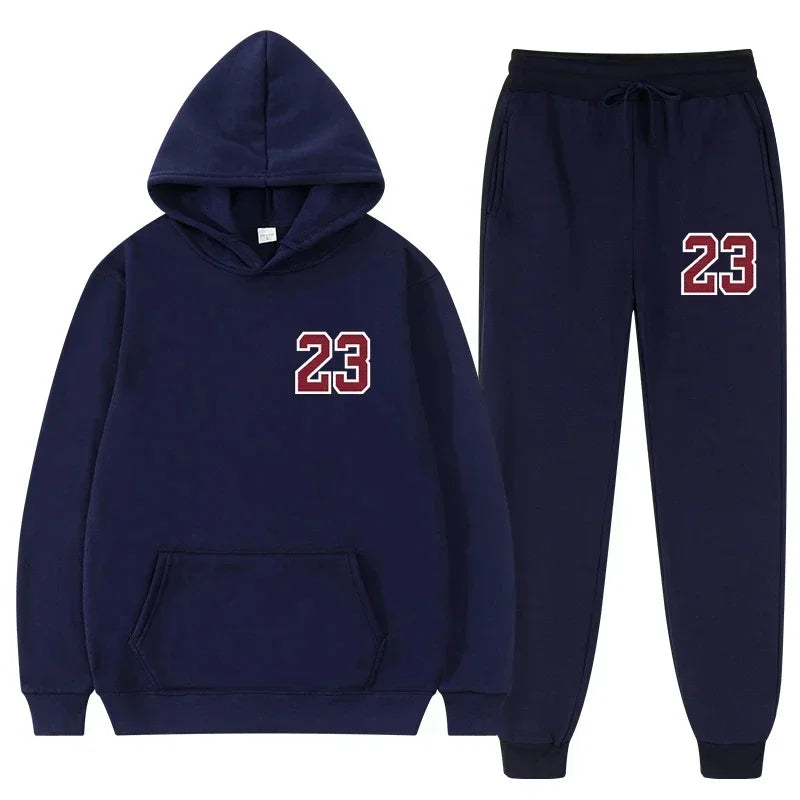 Navy hoodie and sweatpants sports set featuring number 23, perfect for workouts and casual lounging.