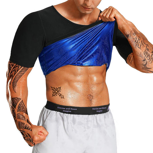 Man wearing a Men's Sauna Sweat Vest, showcasing toned abs and tattoos, emphasizing heat-trapping compression fabric.