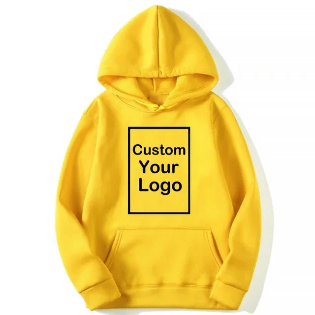 Custom logo sports hoodie in yellow, featuring a design area for personalized branding.