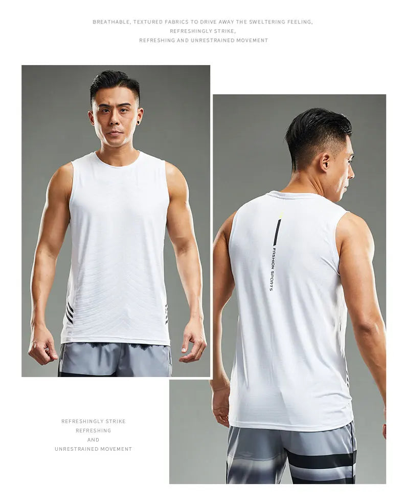 Men's lightweight ice silk running tank top, showcasing breathability and freedom of movement in fitness training.