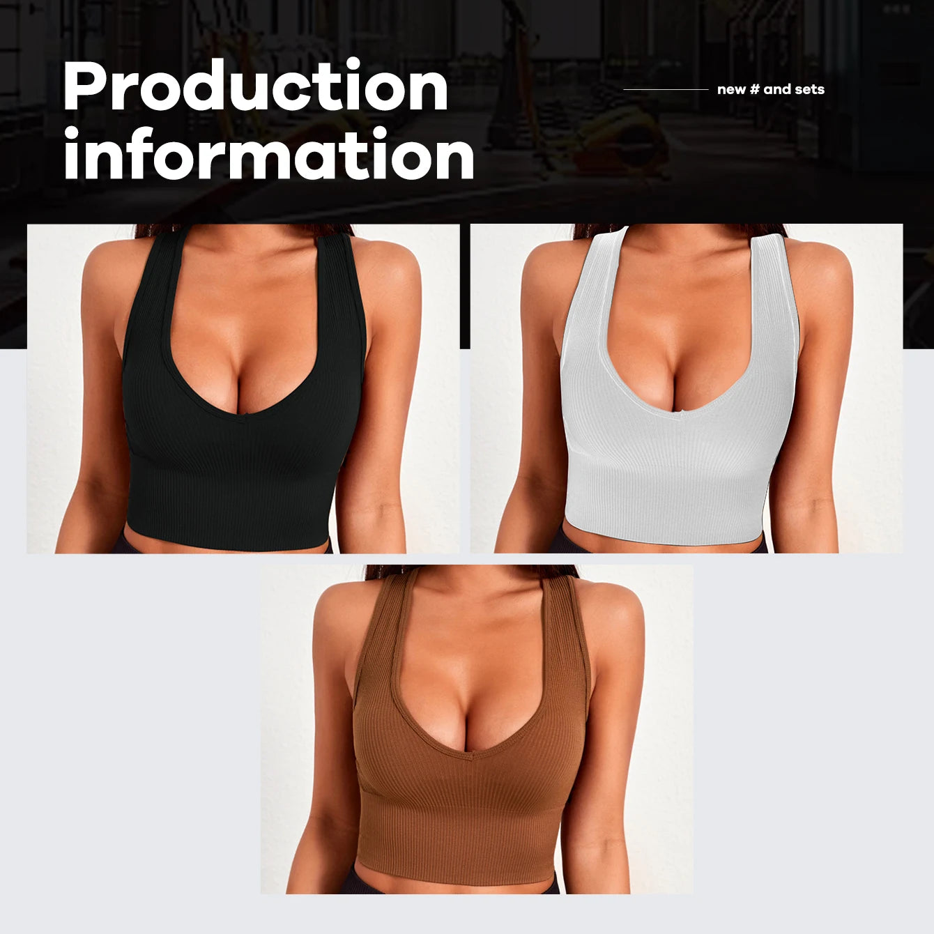 Seamless ribbed yoga vest in black, white, and brown; quick-dry fabric for comfort and flexibility in workouts.