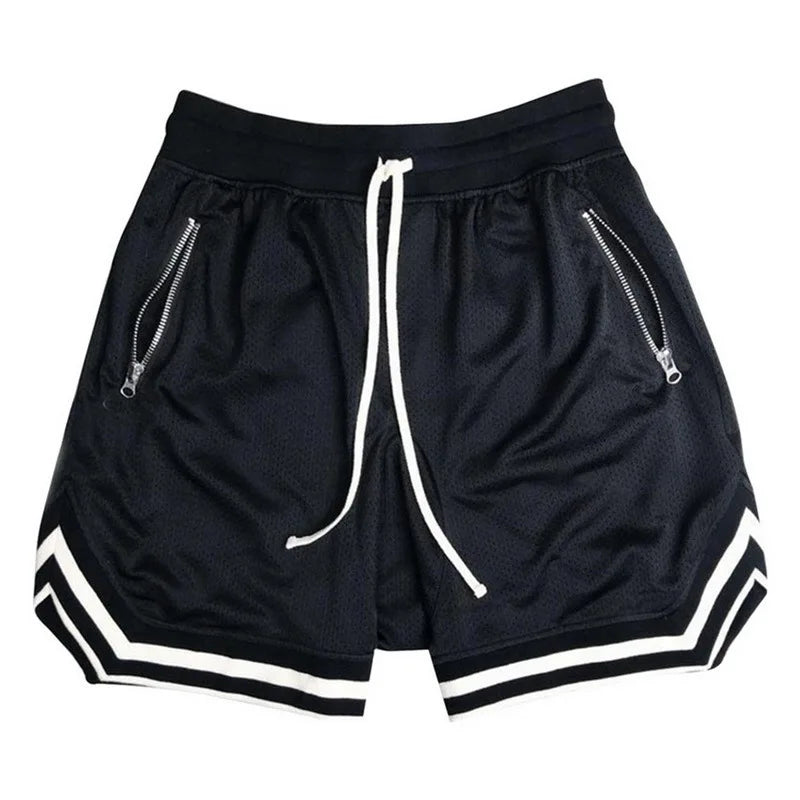 Men's black mesh basketball shorts with zippered pockets and contrasting white stripes, ideal for sports and casual wear.