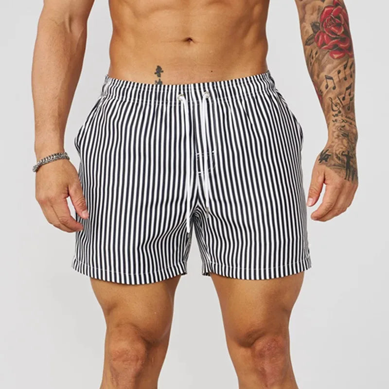 Men's casual striped sports shorts with elastic waistband and adjustable drawstring, perfect for outdoor activities.