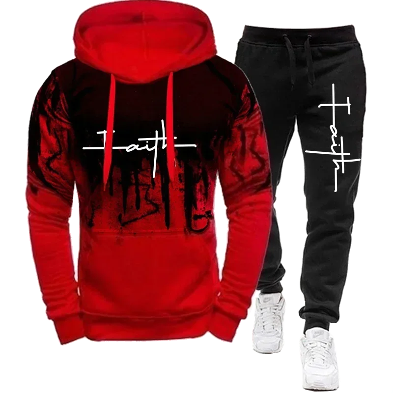 Men's autumn tracksuit featuring a red hoodie and black jogger pants with bold 'Faith' print for a stylish casual look.