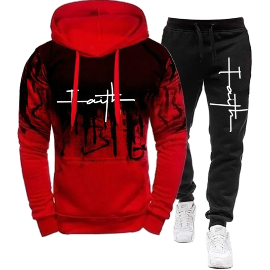 Men's autumn tracksuit featuring a red hoodie and black jogger pants with bold 'Faith' print for a stylish casual look.