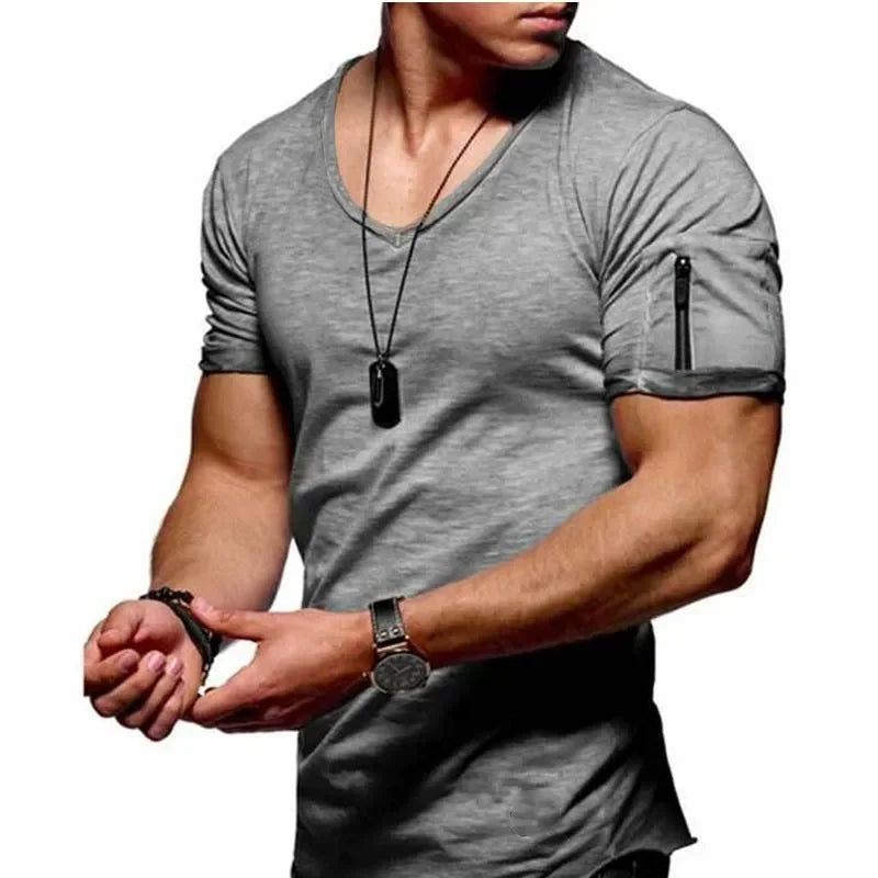 Men's gray V-neck T-shirt with short sleeves and zipper detail, perfect for athletic wear and casual style.