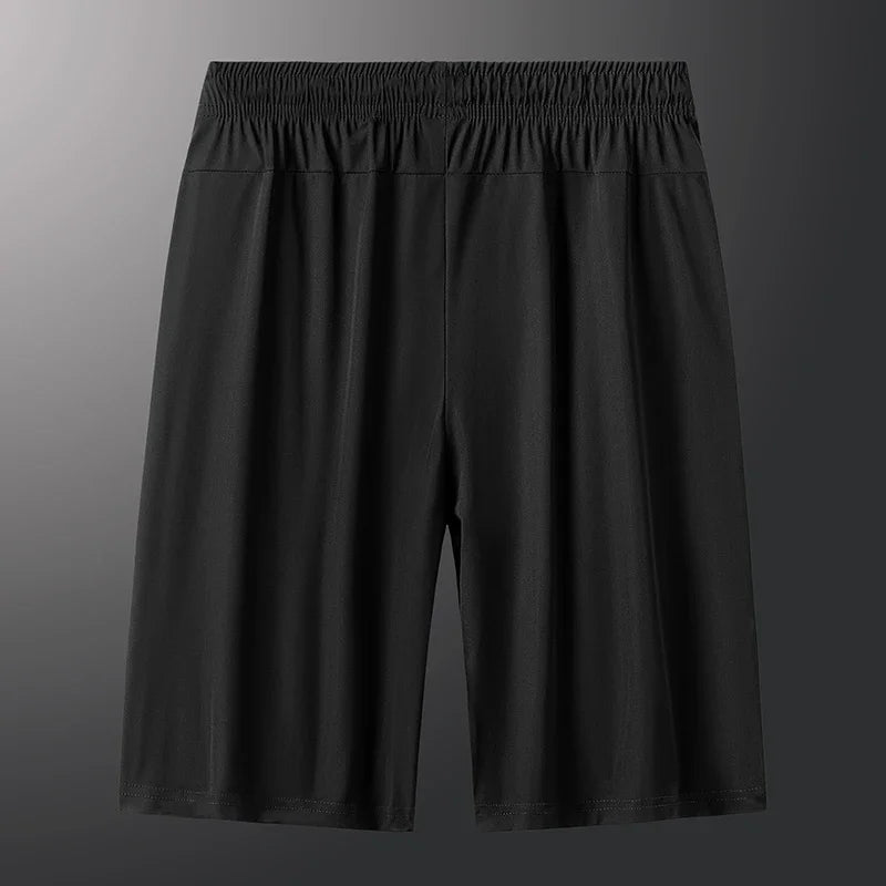 Men's plus size ice silk stretch gym shorts in black, designed for comfort and breathability during workouts.