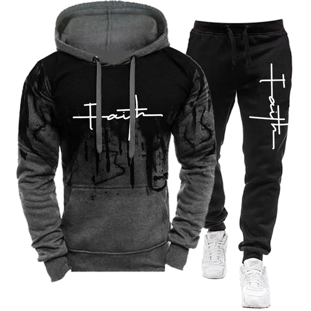 Men's autumn tracksuit featuring black hoodie and jogger pants with 'Faith' print, perfect for casual wear.