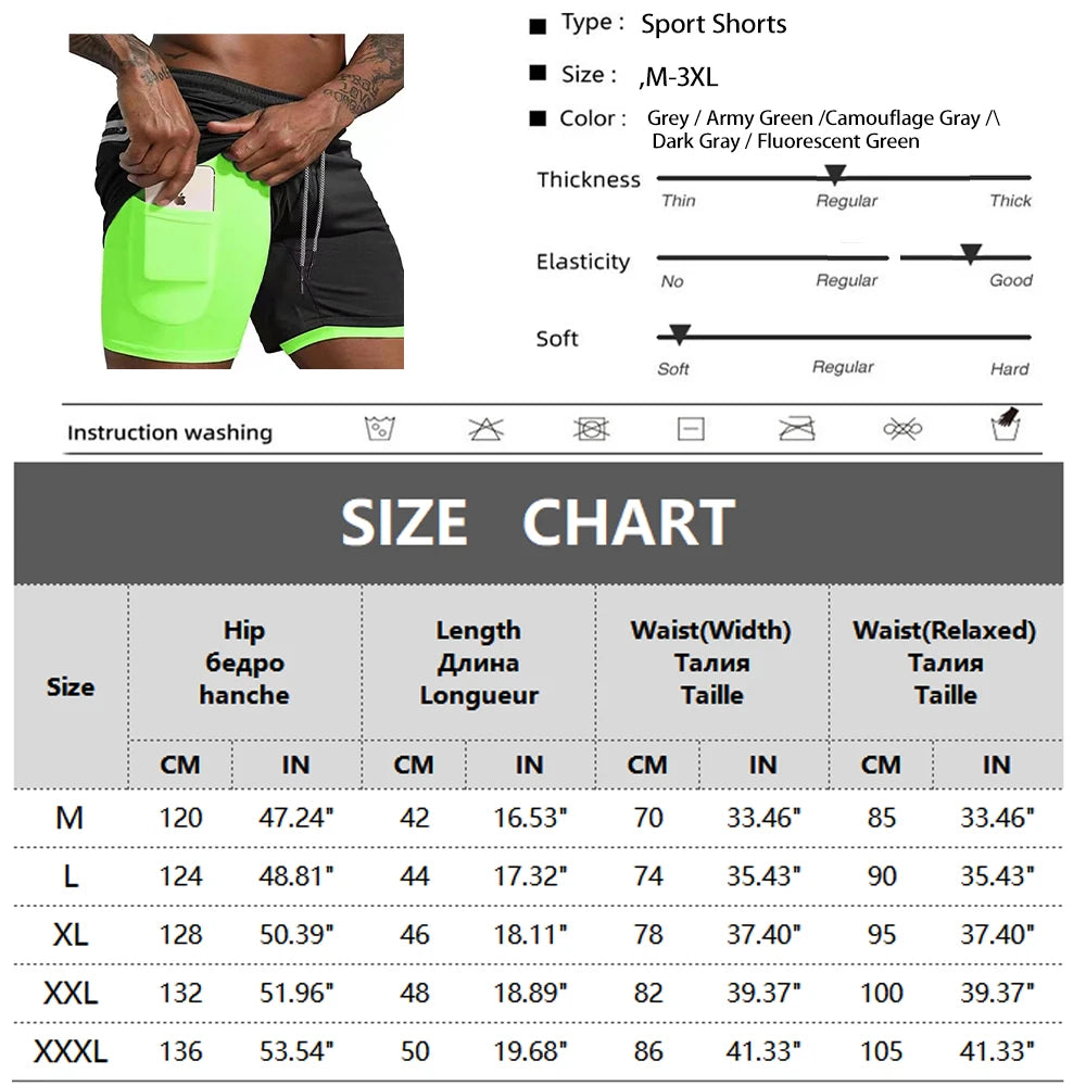 Size chart for Men's Double-Decker Running Shorts showing measurements in CM and inches for optimal fit.
