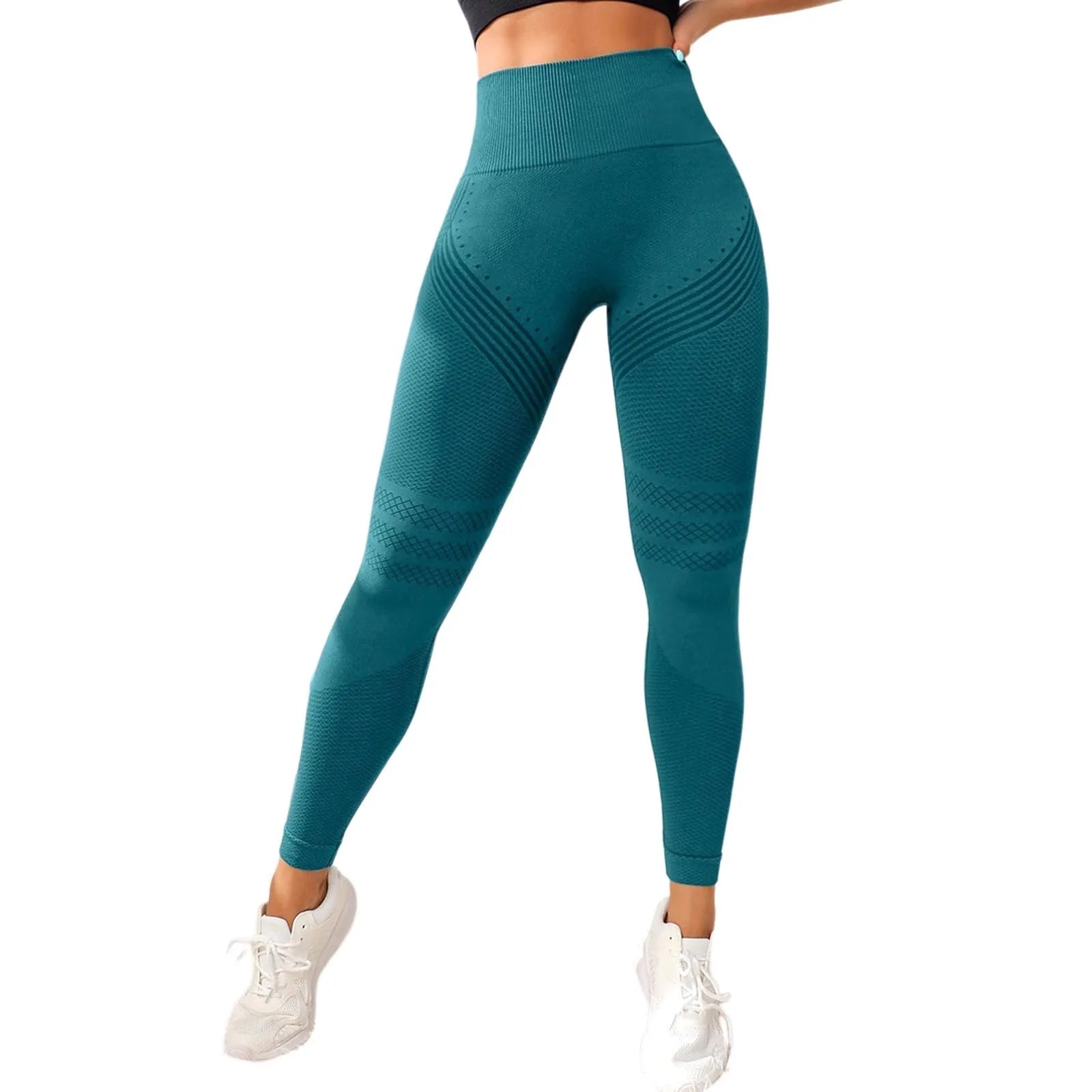 2025 Seamless Hip-Lifting Yoga Pants in teal color, high-waisted with contour-enhancing design.