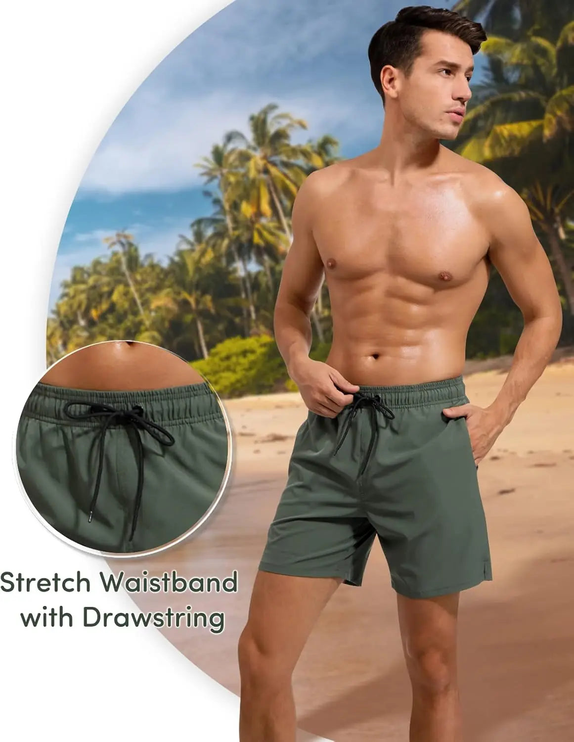 Man wearing stretch waistband shorts with drawstring on a tropical beach, showcasing style and comfort.
