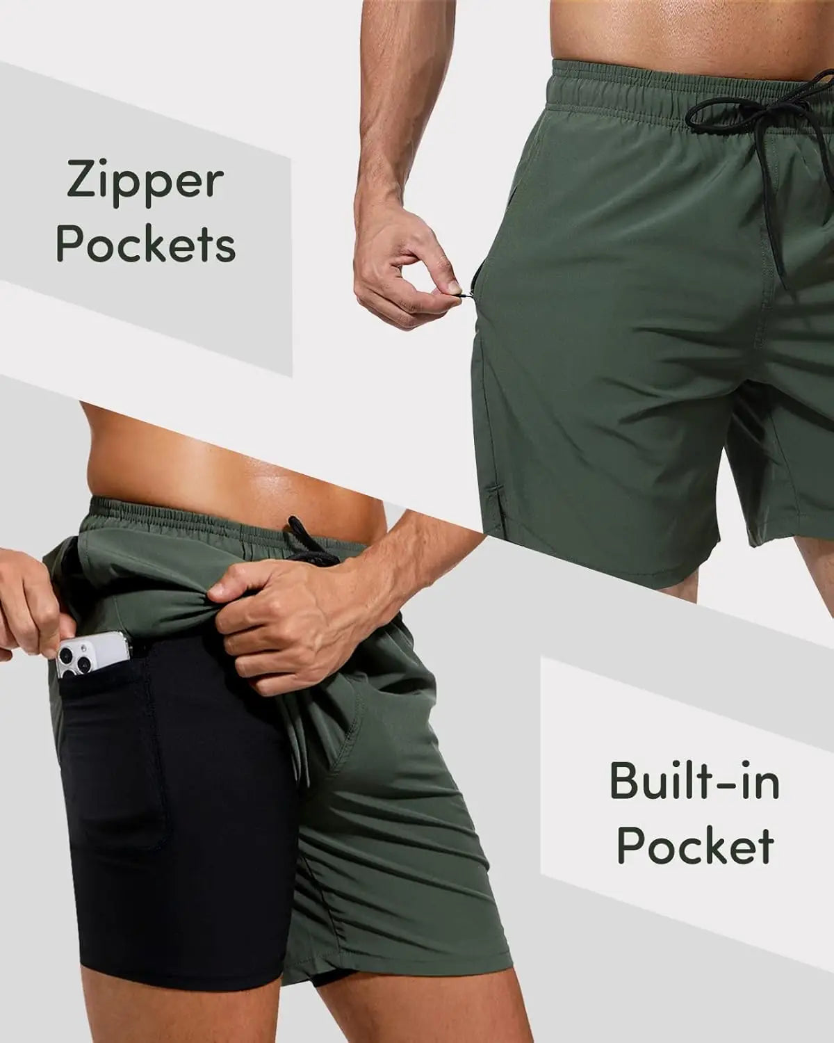 Men's 2-in-1 running shorts showcasing zipper pockets and a built-in pocket for convenience.