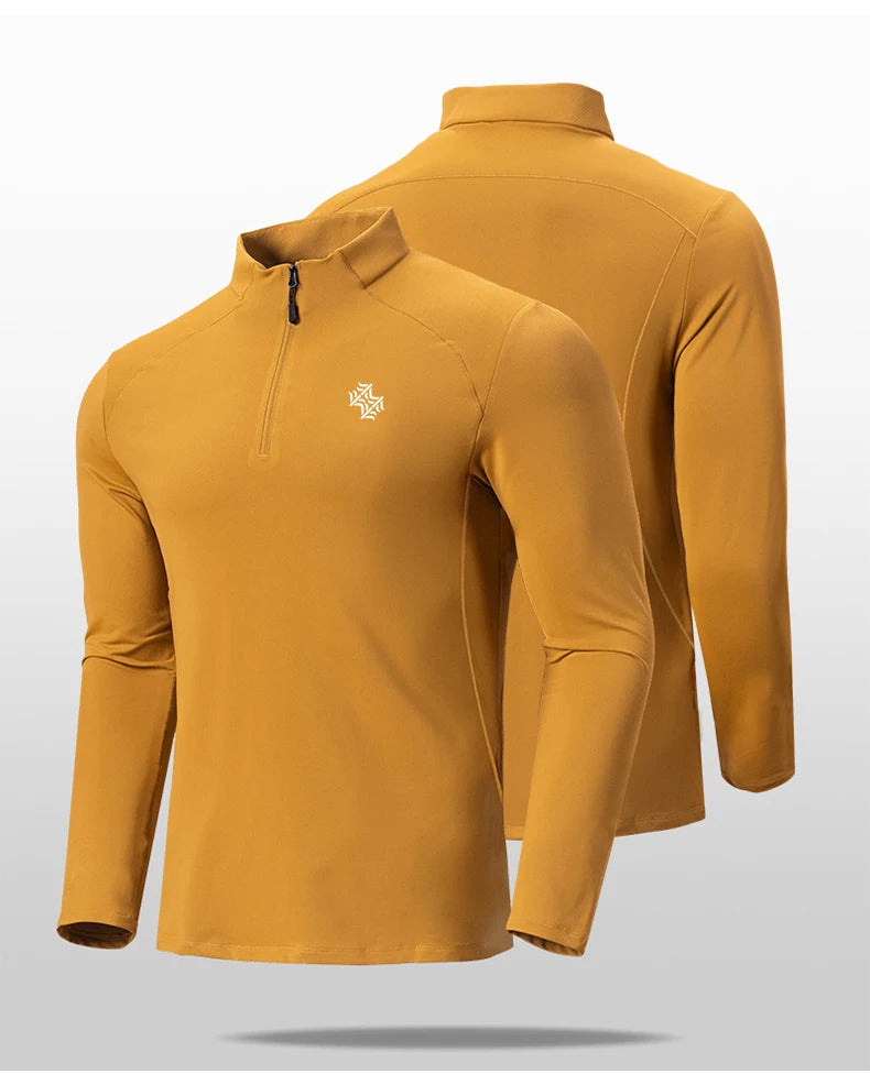 Men’s Speed-Dry Long Sleeve Fitness Top in golden yellow, featuring a quarter zipper and comfy fit, perfect for workouts.