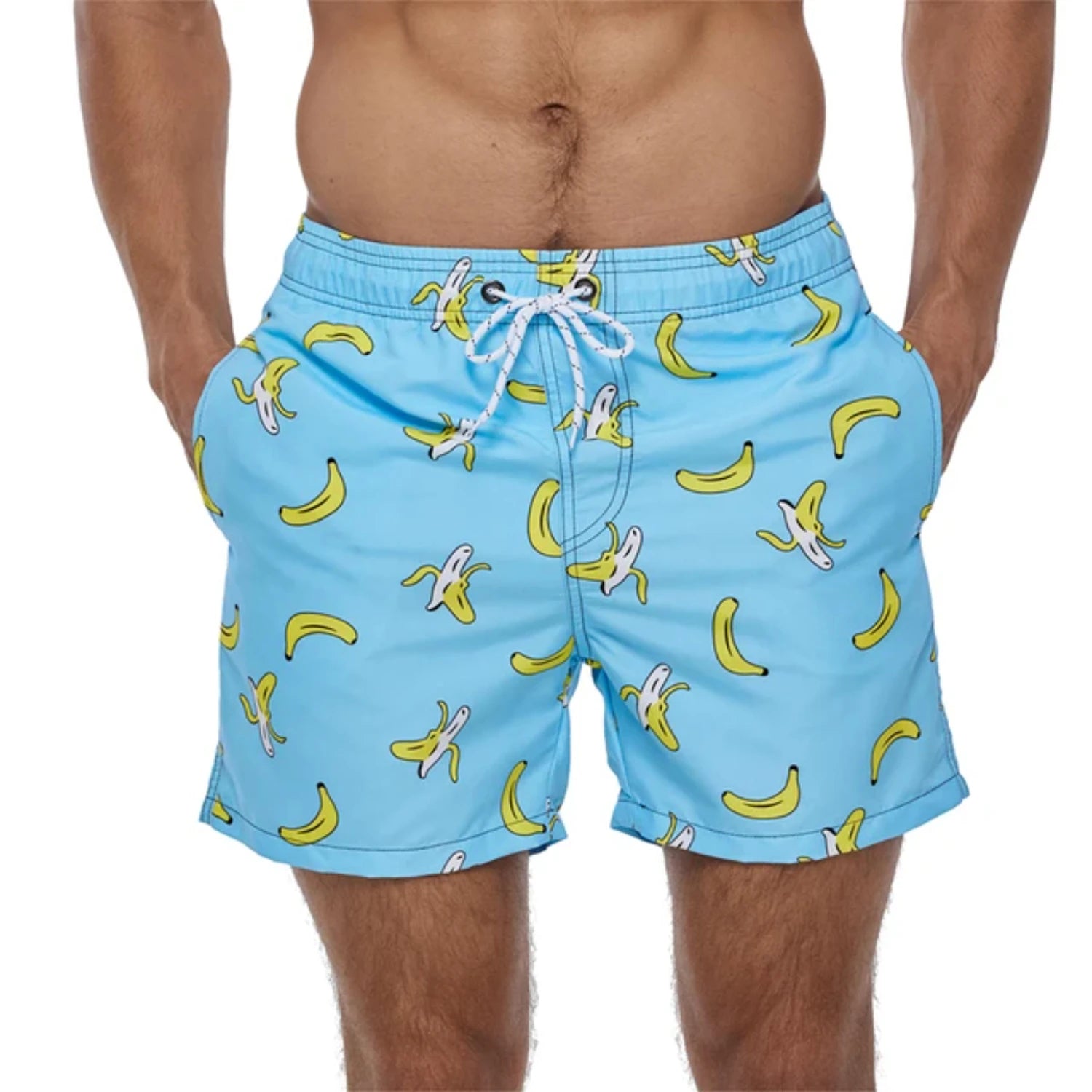 Men's beach shorts featuring playful banana print on a blue background, perfect for summer surf and pool activities.