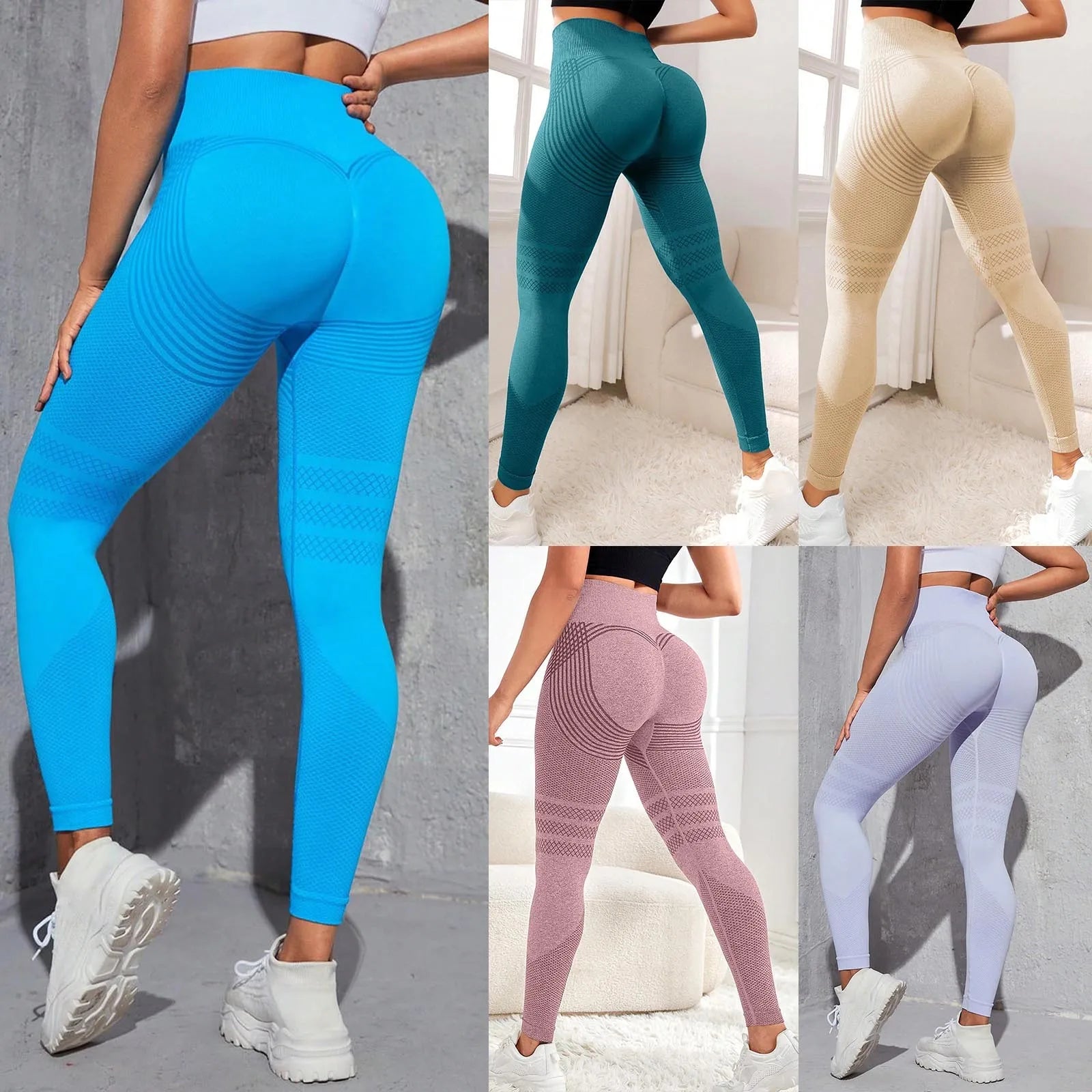 2025 Seamless Hip-Lifting Yoga Pants in blue, green, beige, pink, and white showcasing their sculpting design and high-waisted fit.