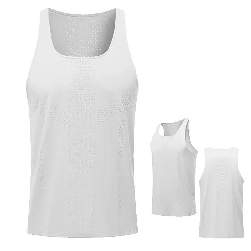 Men’s quick-dry sleeveless basketball workout shirt in white, designed for movement and breathability.