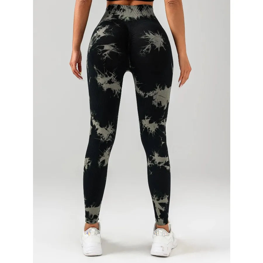 Back view of 3-Pack Tie Dye Seamless Workout Leggings in black with a stylish tie dye pattern.