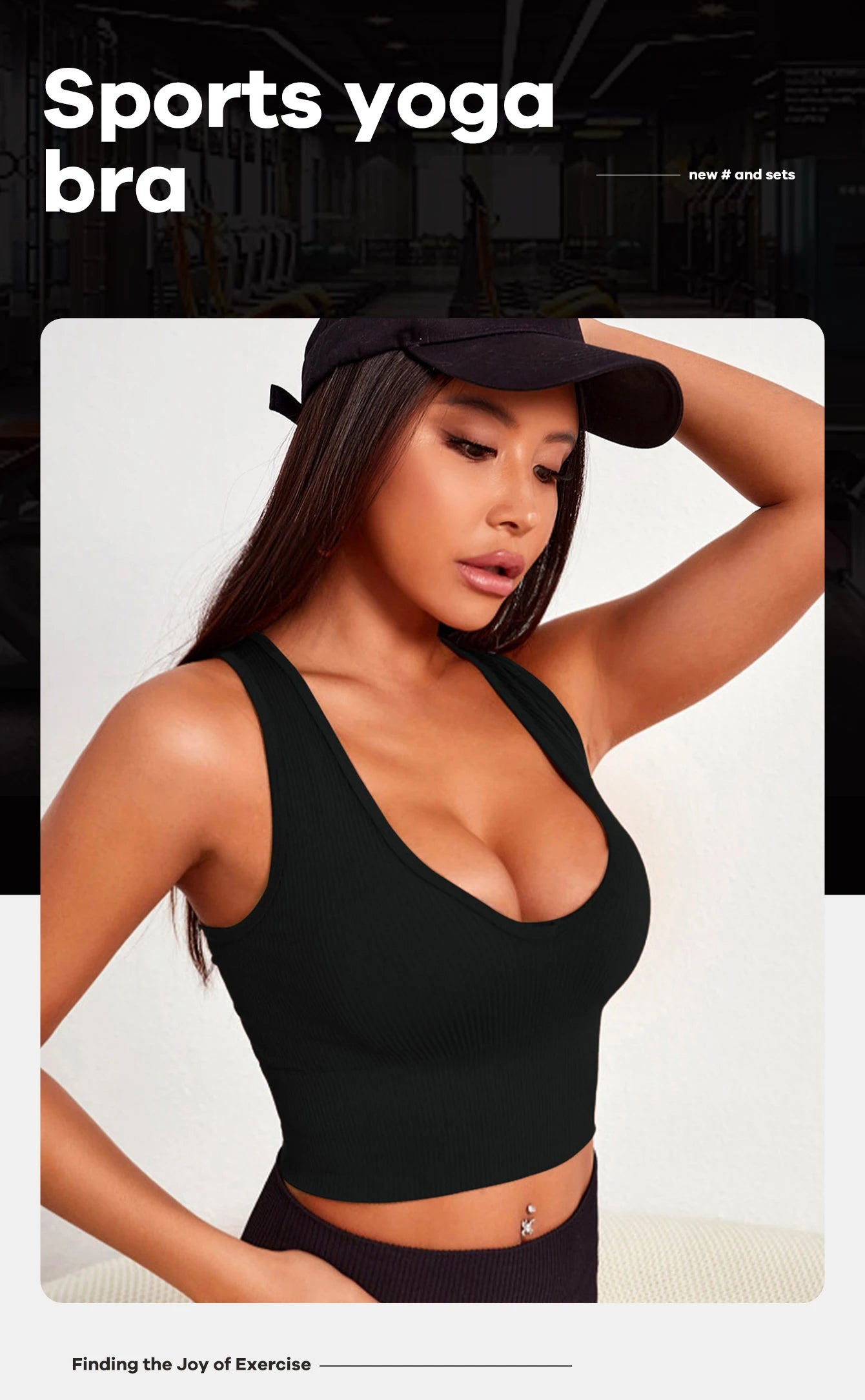 Model showcasing a black seamless sports yoga bra for activewear, emphasizing comfort and style.