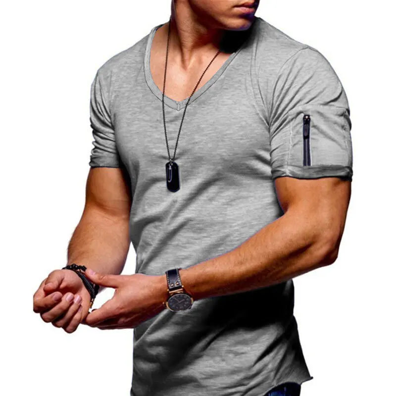 Men's V-Neck Quick-Dry Running T-Shirt in gray, featuring short sleeves and stylish zipper pocket.