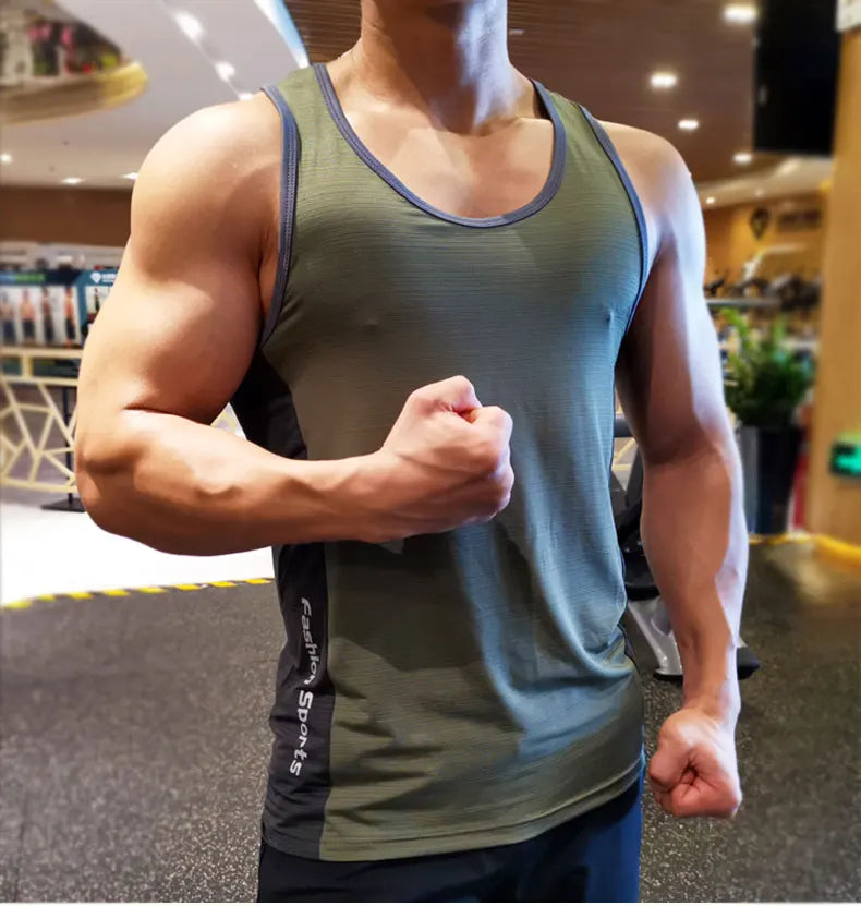 Men's lightweight sleeveless running gym shirt in olive green, featured during a workout session.