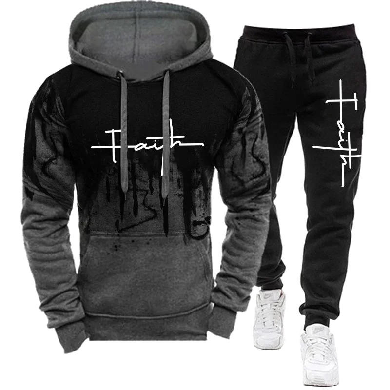 Stylish men's autumn tracksuit featuring a long-sleeve hoodie and jogger pants with 'Faith' print.