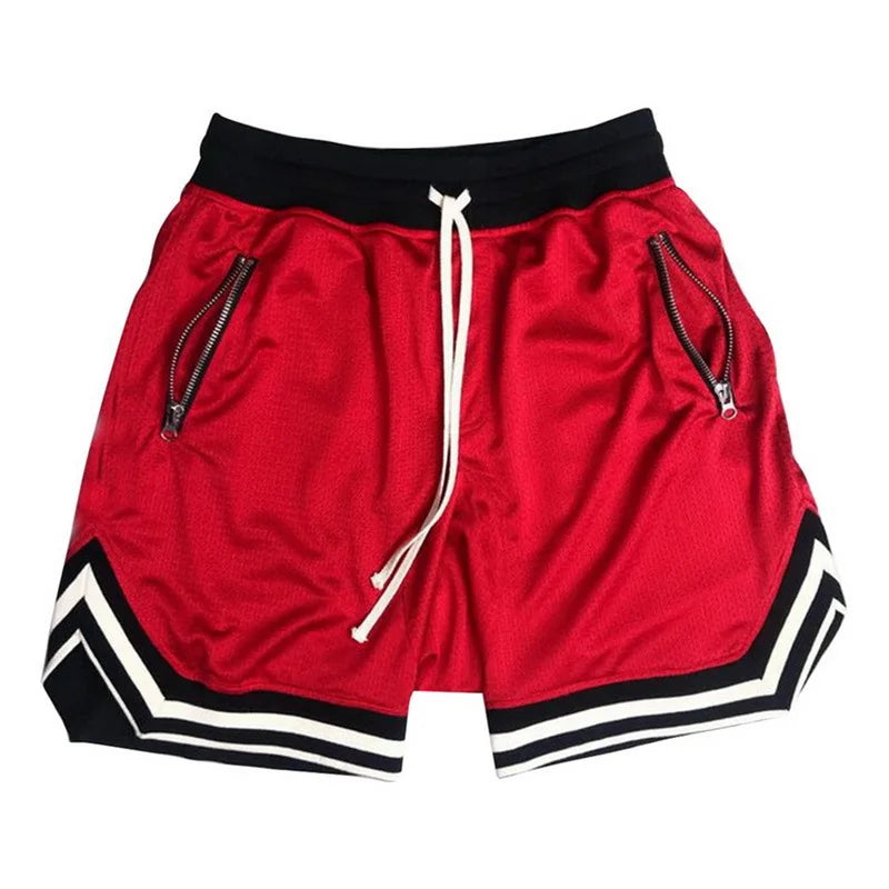 Men's mesh basketball shorts in red with breathable fabric, quick-dry properties, side pockets, and elastic waist.