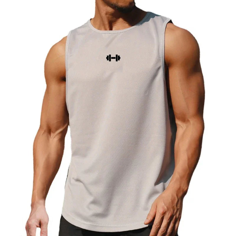Summer men's running vest tank top in light grey, designed for workouts with breathable fabric and sport logo.