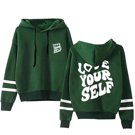 Casual sports hoodie in green with 'Love Your Self' print, ideal for workouts and casual wear.