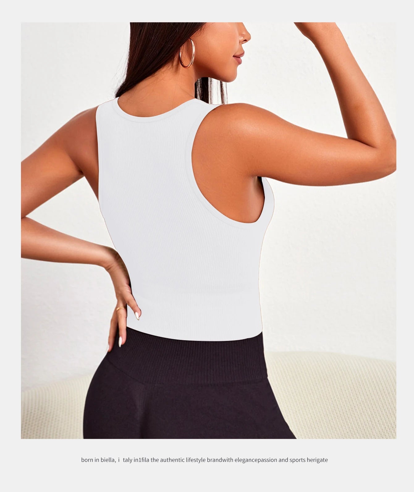 Woman wearing a seamless ribbed yoga vest, showcasing a sleek design and comfort for activewear workouts.