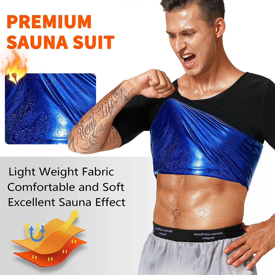 Man wearing a blue sauna sweat vest, showcasing its lightweight fabric and sauna effect during workout.