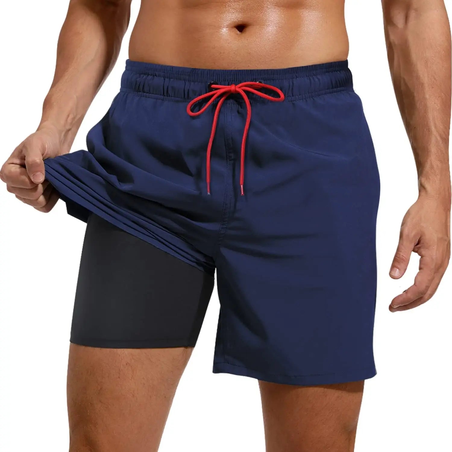 Men's running shorts in navy with red drawstring, featuring lightweight and quick-dry technology.