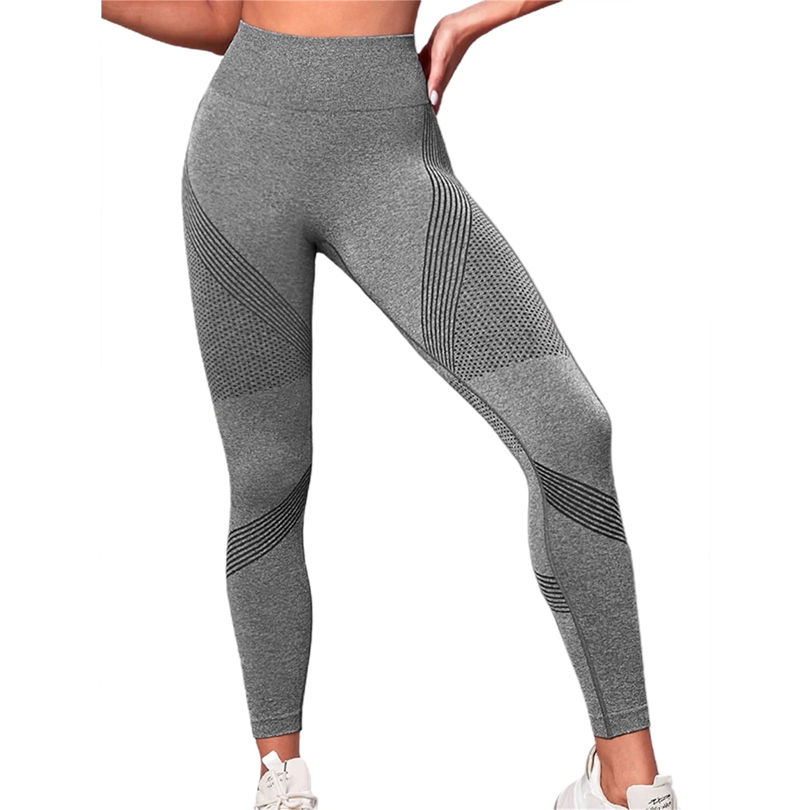 High-waist compression leggings with butt lift, featuring a stylish gray design and textured patterns for enhanced support.