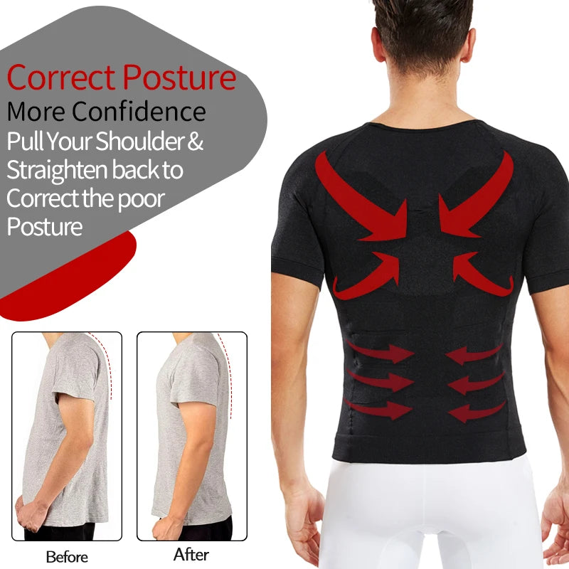 Men's Slimming Compression Shirt showing before and after posture improvement with targeted support design.