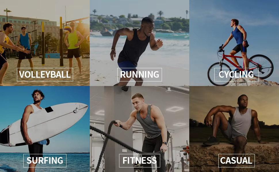Collage of men wearing workout sleeveless shirts for volleyball, running, cycling, surfing, fitness, and casual activities.